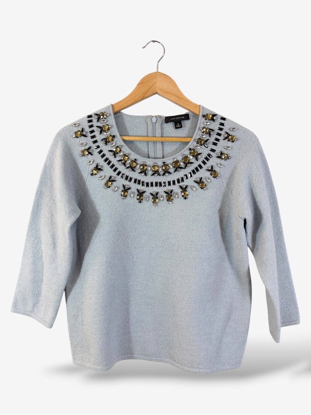 Ann Taylor Blue Merino Wool Jewel Neck Sweater Size M 3/4 Sleeve Holiday Evening